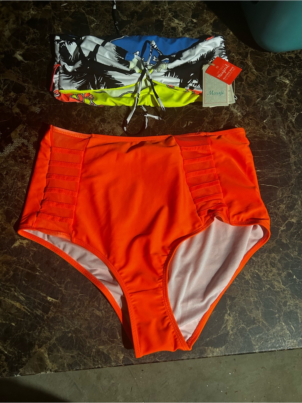 Maui Neon Bandeau Bikini Top & High Waist Bottoms - Bright Orange